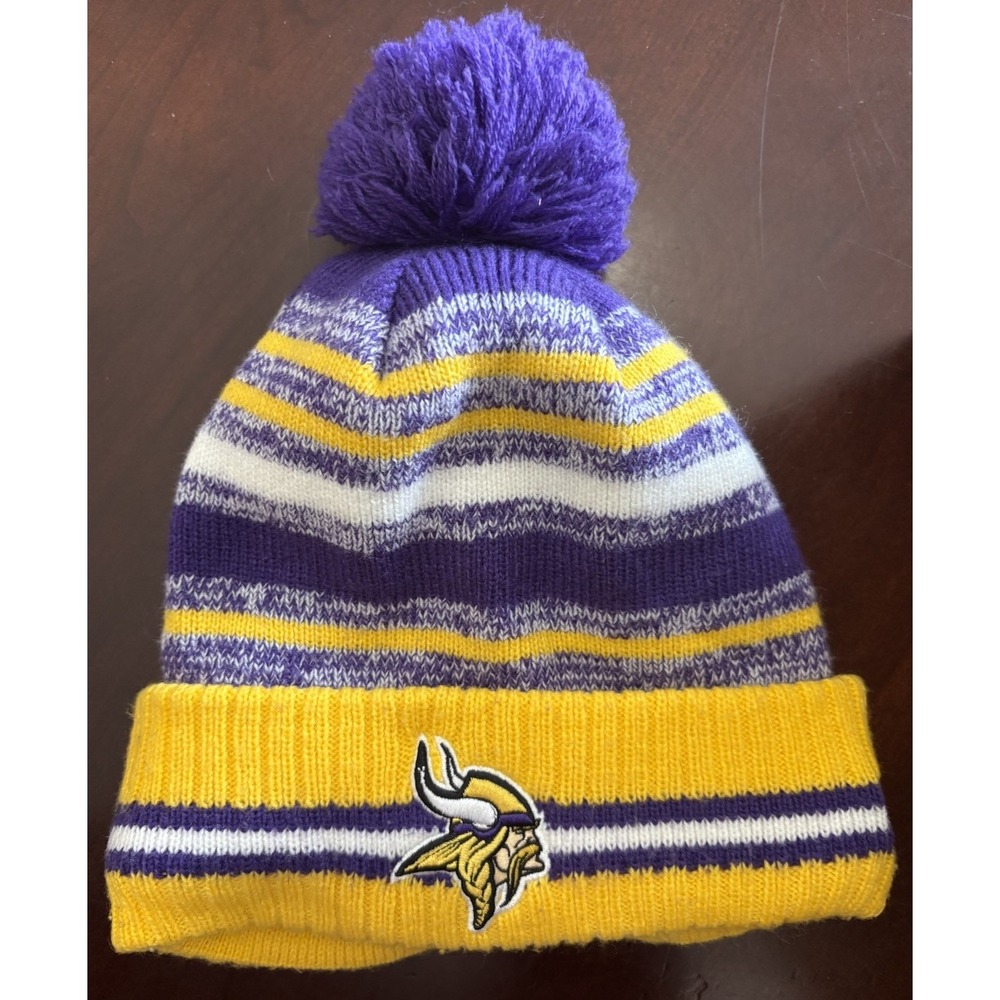 Minnesota Vikings New Era NFL Pom Beanie Hat Purple Gold White OSFM Fleece Lined